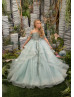 Beaded Dusty Mint Lace Tulle Ruffle Flower Girl Dress